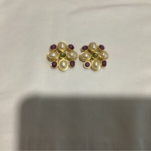 Vintage LCI Clip-On earrings.  Gold tone, faux pearl purple and green stone.